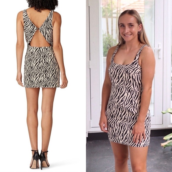 BEC BRIDGE 90s Zebra Stripe Square Neck Sleeveless Cutout Open Back Mini Dress 6 - Picture 4 of 13
